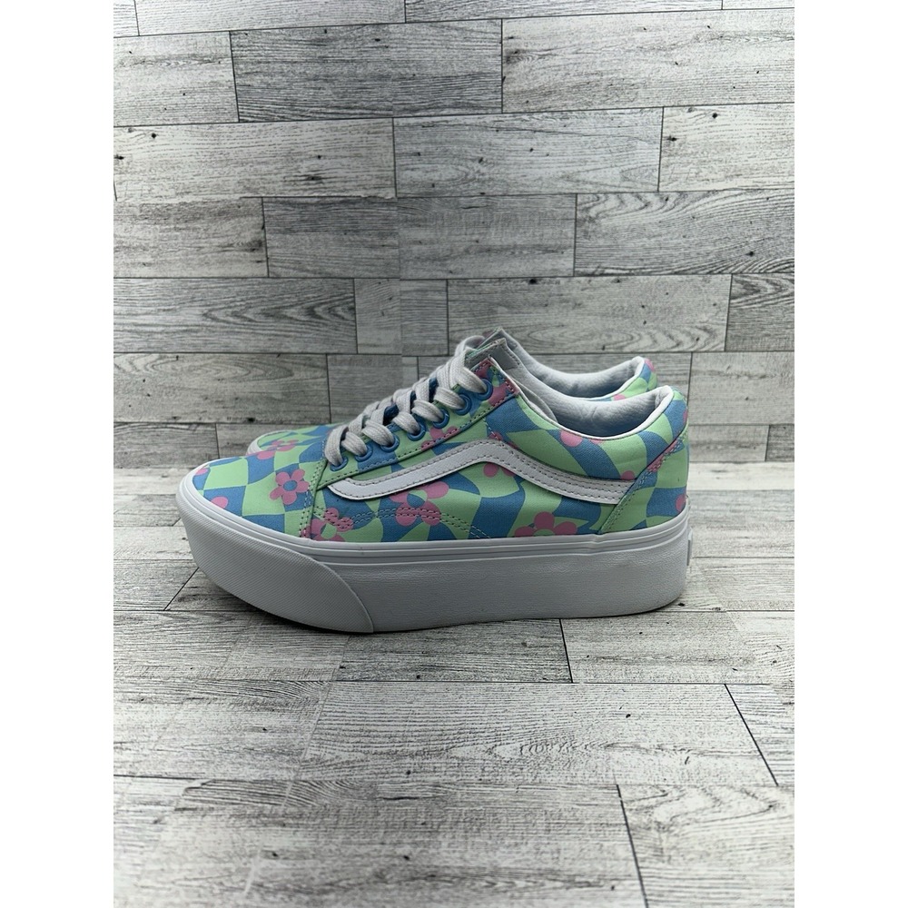 Vans Old Skool Stacked Platform Shoes Womens 8 Men 6.5 Checkerboard Floral Blue - Picture 4 of 11